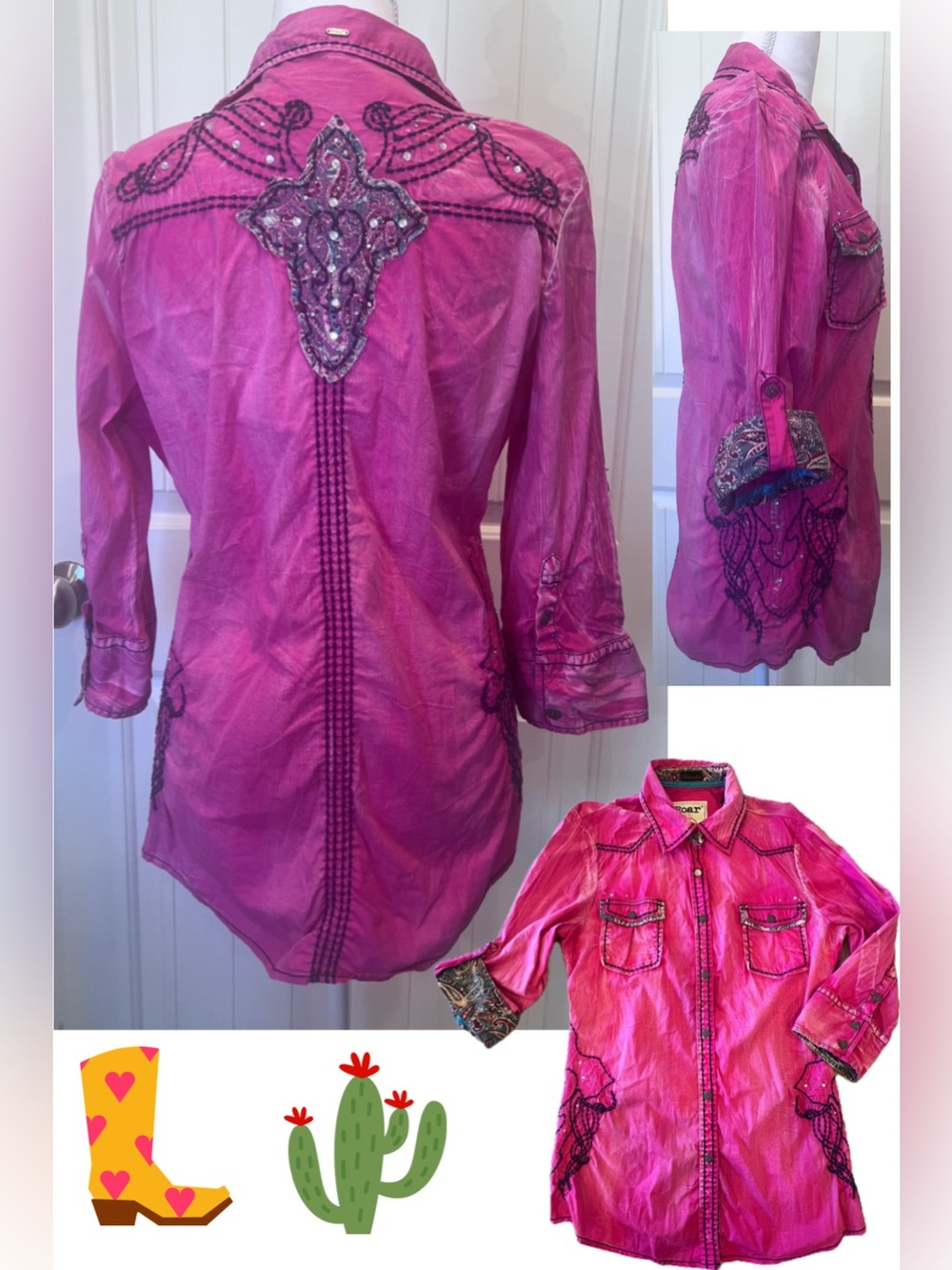 Roar Hot Pink Embroidered Embellished Button up Stretch Western Shirt Sz Large